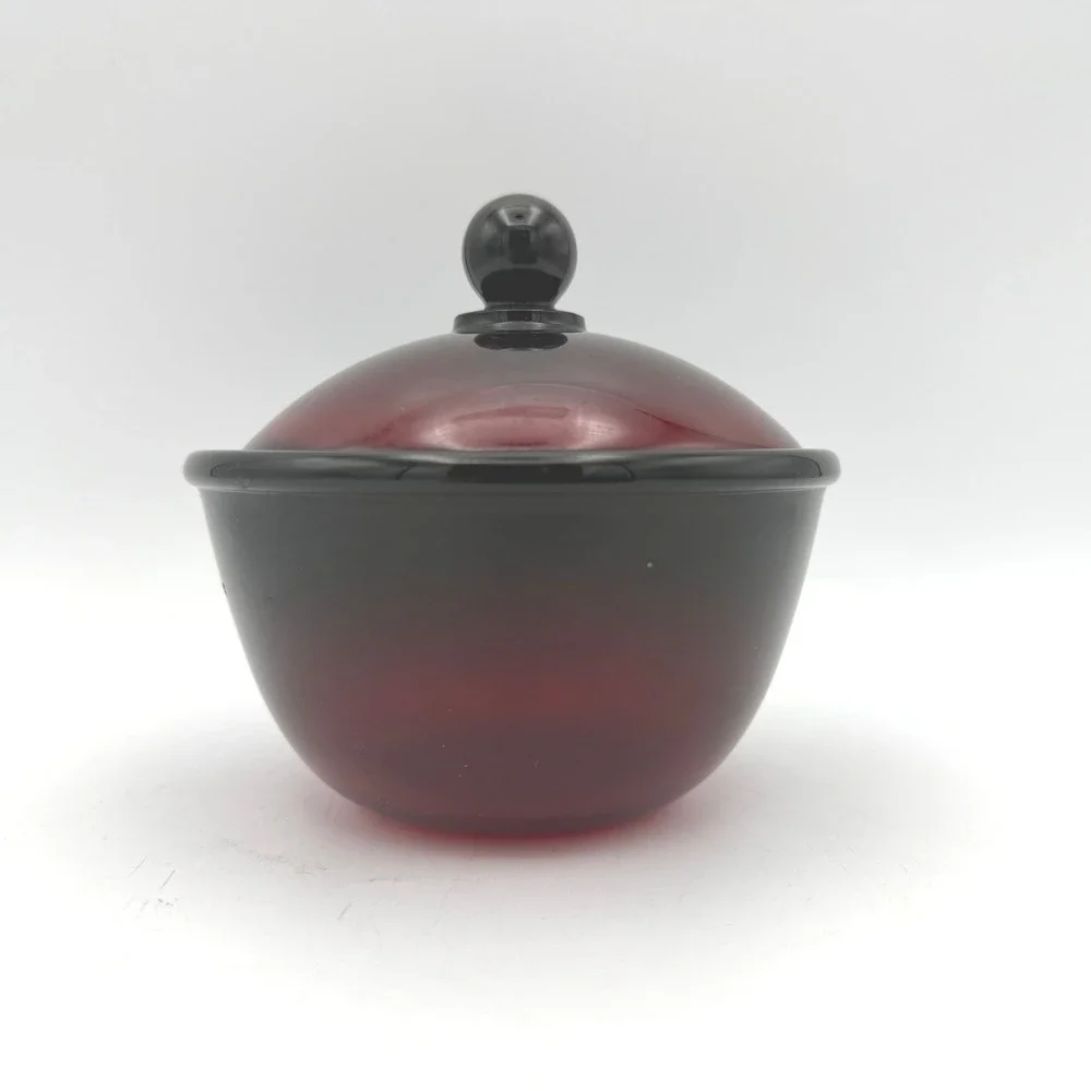 France Ruby Red Glass Sugar Bowl with Lid Small Red Black Ombre Candy Dish